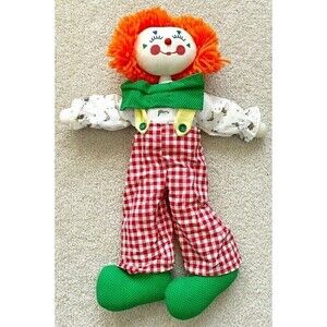 Friendly Smiling Clown Rag Doll Blue Eyes Yarn Hair Bow Tie Overalls Circus